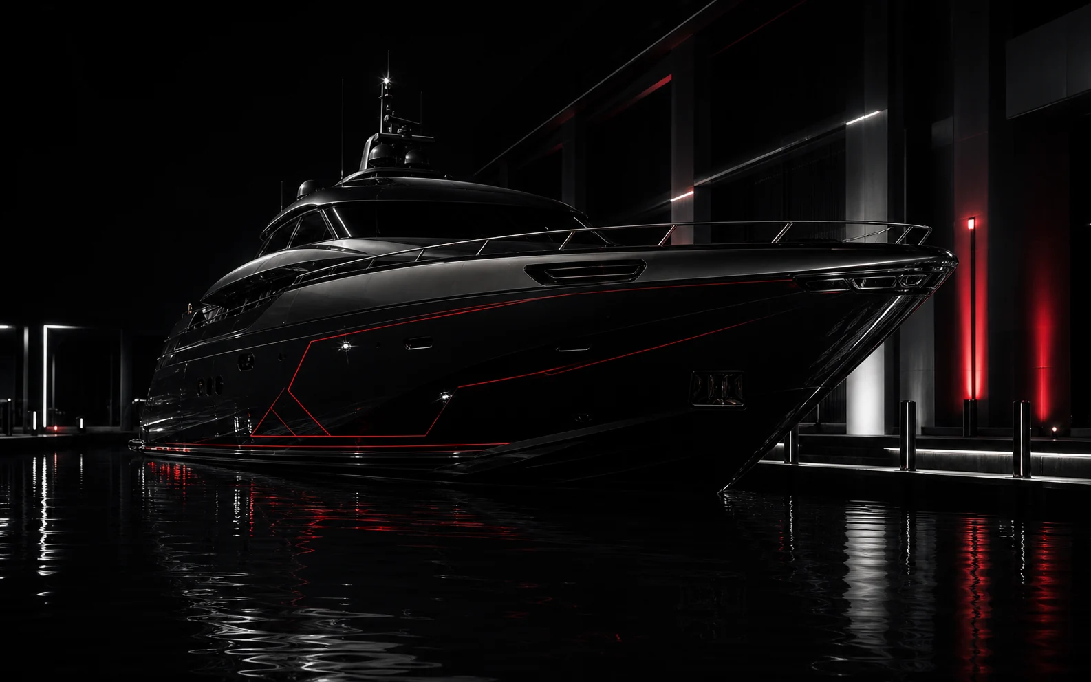 Black luxury yacht with refined crimson hull graphics