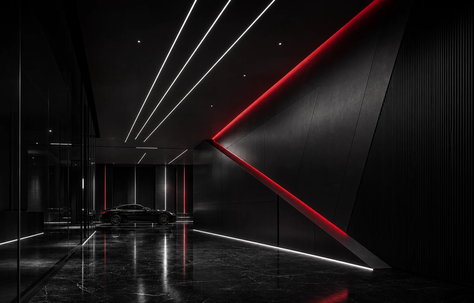 Premium black and crimson automotive showroom interior