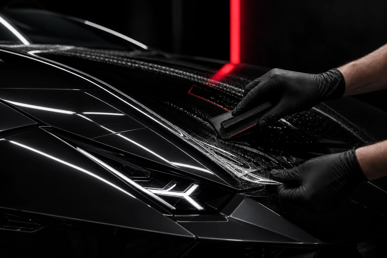 Expert applying paint protection film to a black exotic supercar