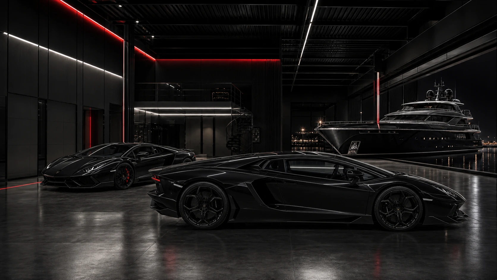 Two black exotic supercars and a luxury yacht in a private hangar